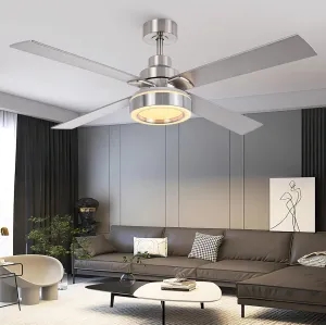 52 Inch Ceiling Fan with Light and Remote, Indoor Outdoor Silver Ceiling Fan, 6-Speed, 3CCT Dimmable, DC Motor, Timer, Modern Nickel Ceiling Fans with Lights for Bedroom Living Room Kitchen Fan with safety blade design