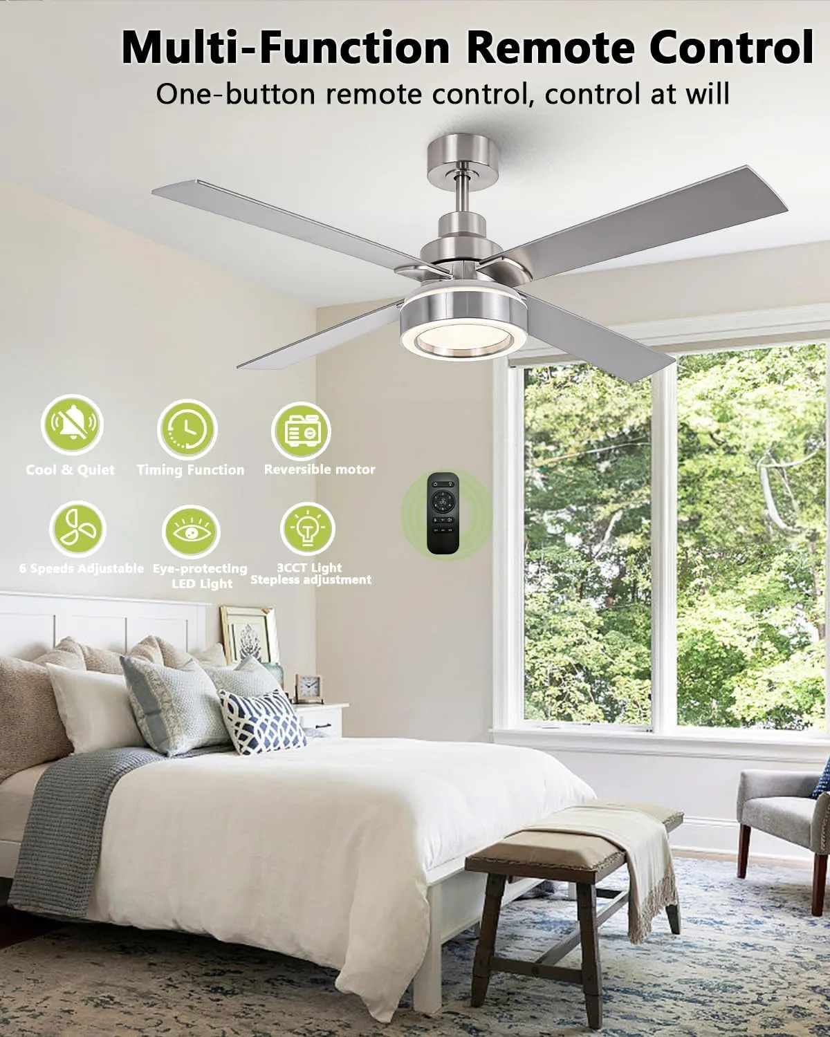 52 Inch Ceiling Fan with Light and Remote, Indoor Outdoor Silver Ceiling Fan, 6-Speed, 3CCT Dimmable, DC Motor, Timer, Modern Nickel Ceiling Fans with Lights for Bedroom Living Room Kitchen