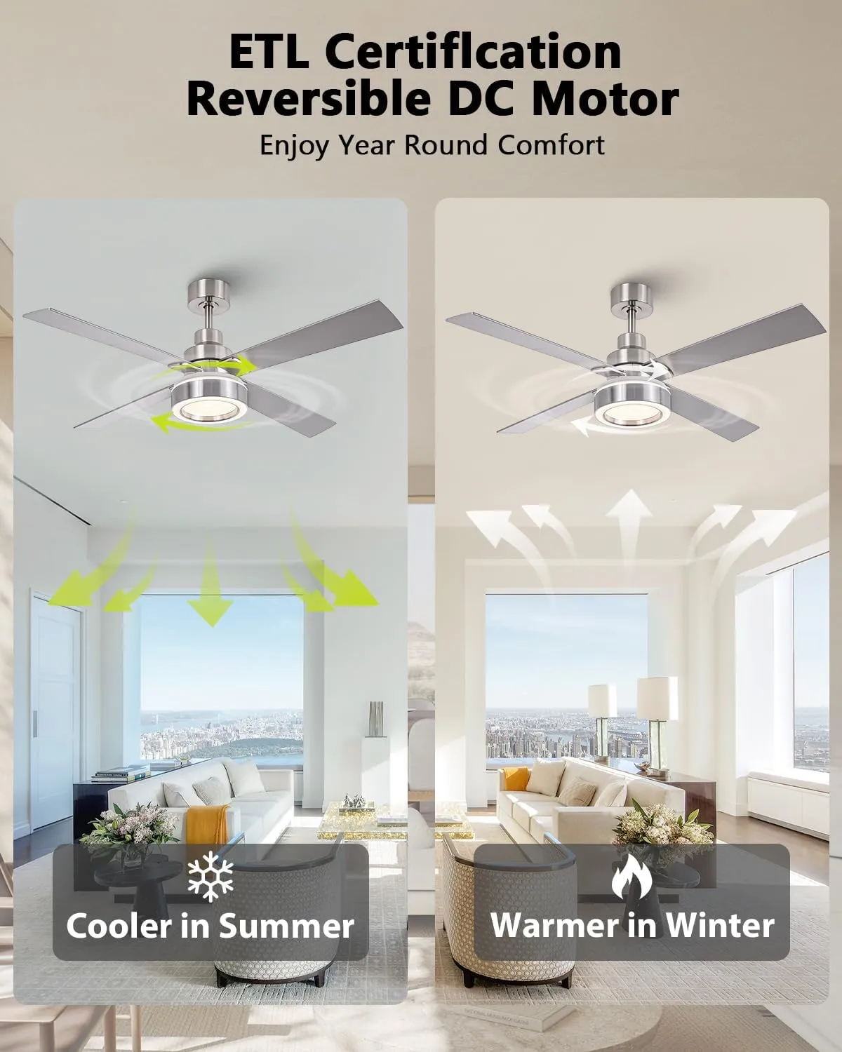 52 Inch Ceiling Fan with Light and Remote, Indoor Outdoor Silver Ceiling Fan, 6-Speed, 3CCT Dimmable, DC Motor, Timer, Modern Nickel Ceiling Fans with Lights for Bedroom Living Room Kitchen