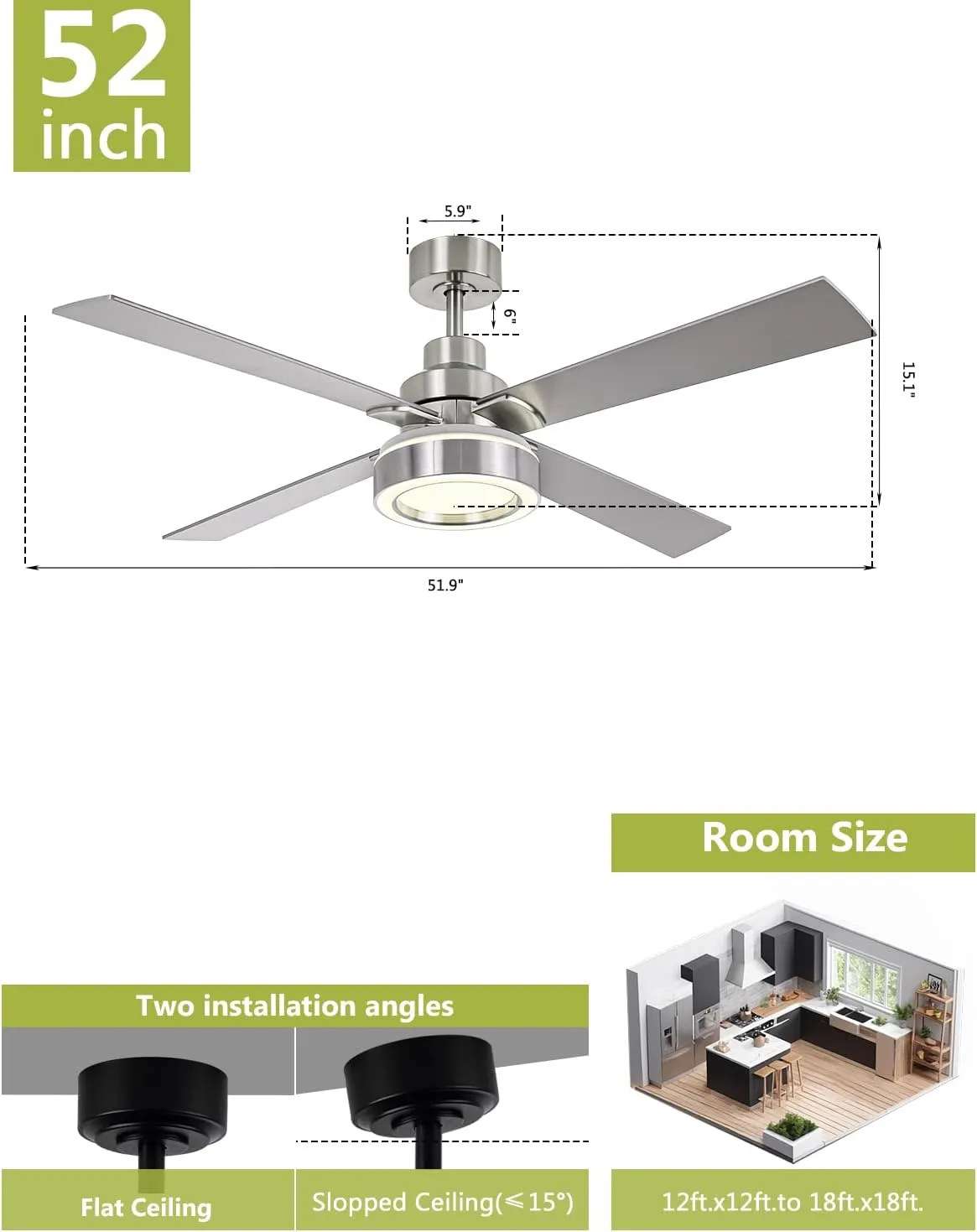 52 Inch Ceiling Fan with Light and Remote, Indoor Outdoor Silver Ceiling Fan, 6-Speed, 3CCT Dimmable, DC Motor, Timer, Modern Nickel Ceiling Fans with Lights for Bedroom Living Room Kitchen