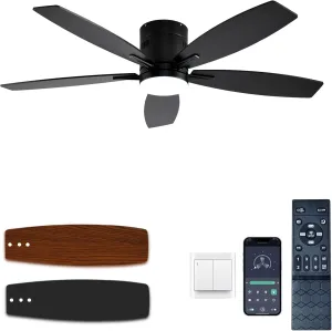 52-inch Ceiling Fan with Light and Remote/App Control, Flush Mount Low Profile, Reversible DC Motor, Black Modern Ceiling Fan with Light, Dimmable,Noiseless,for Bedroom Living Room App-controlled remote fan for convenience