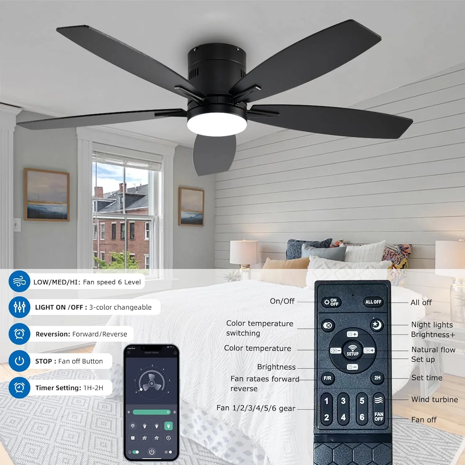 52-inch Ceiling Fan with Light and Remote/App Control, Flush Mount Low Profile, Reversible DC Motor, Black Modern Ceiling Fan with Light, Dimmable,Noiseless,for Bedroom Living Room