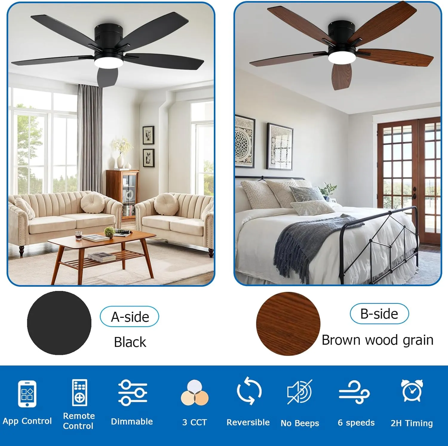 52-inch Ceiling Fan with Light and Remote/App Control, Flush Mount Low Profile, Reversible DC Motor, Black Modern Ceiling Fan with Light, Dimmable,Noiseless,for Bedroom Living Room