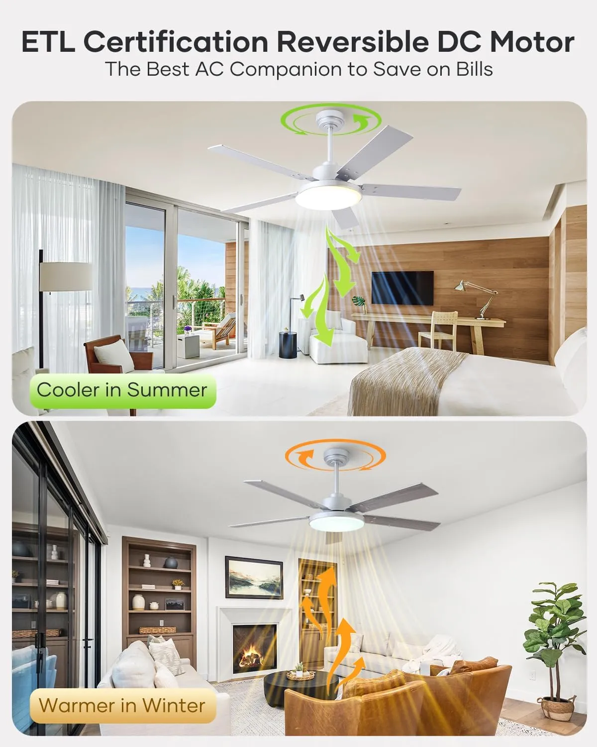 52 Inch Ceiling Fan with Light and Remote/APP, Indoor Outdoor Smart Silver Ceiling Fan, Dual-Sided Blades Modern Ceiling Fans with Lights for Bedroom Living Room Patio, 3CCT, 6 Speeds Quiet