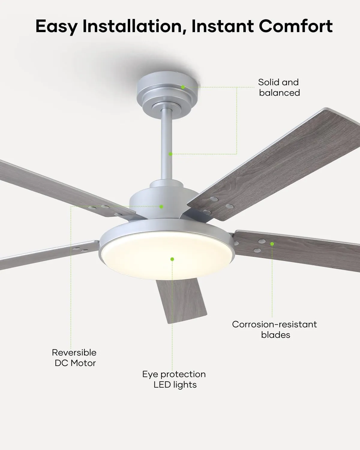 52 Inch Ceiling Fan with Light and Remote/APP, Indoor Outdoor Smart Silver Ceiling Fan, Dual-Sided Blades Modern Ceiling Fans with Lights for Bedroom Living Room Patio, 3CCT, 6 Speeds Quiet