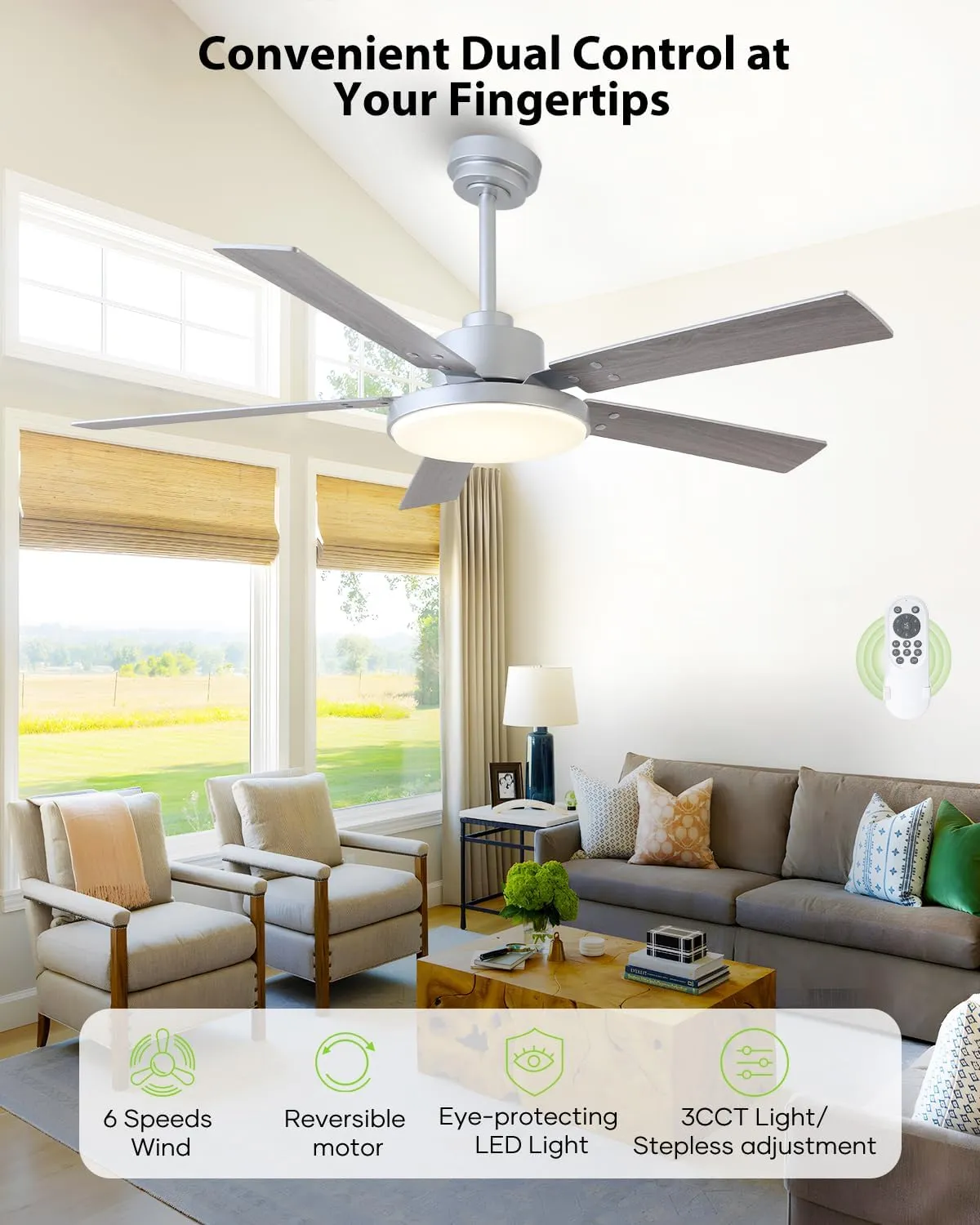 52 Inch Ceiling Fan with Light and Remote/APP, Indoor Outdoor Smart Silver Ceiling Fan, Dual-Sided Blades Modern Ceiling Fans with Lights for Bedroom Living Room Patio, 3CCT, 6 Speeds Quiet