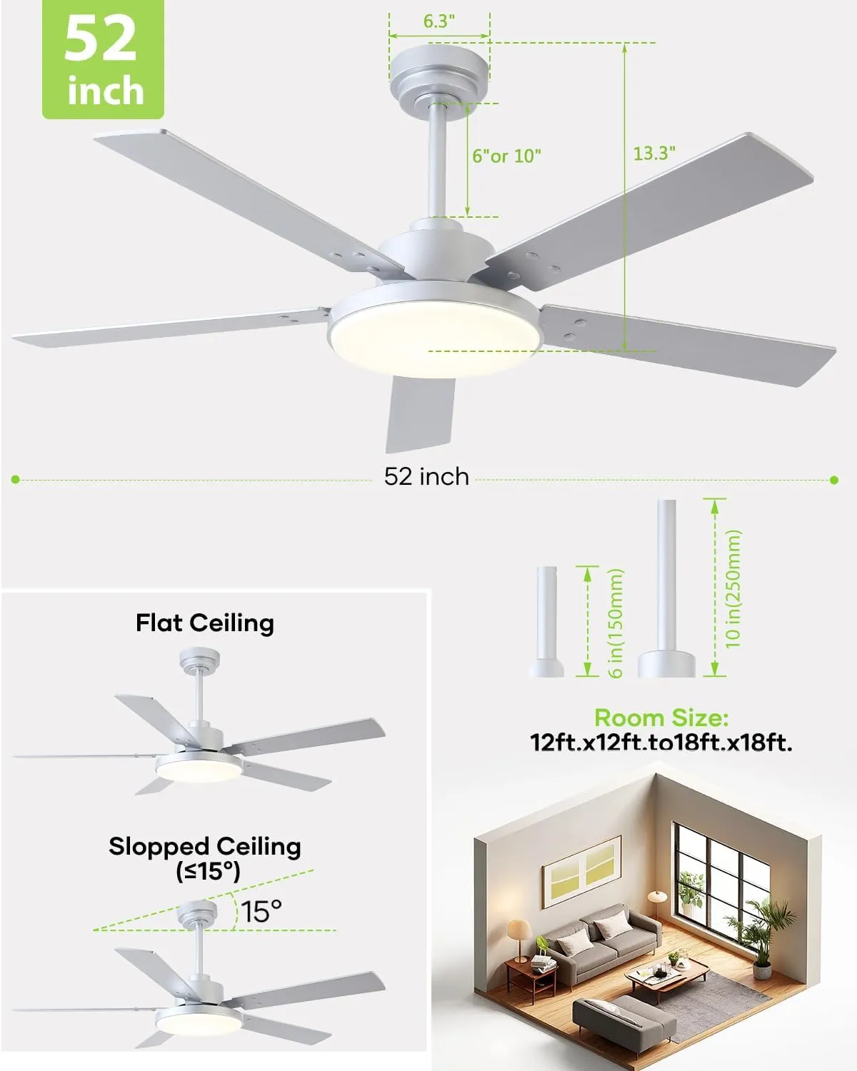 52 Inch Ceiling Fan with Light and Remote/APP, Indoor Outdoor Smart Silver Ceiling Fan, Dual-Sided Blades Modern Ceiling Fans with Lights for Bedroom Living Room Patio, 3CCT, 6 Speeds Quiet