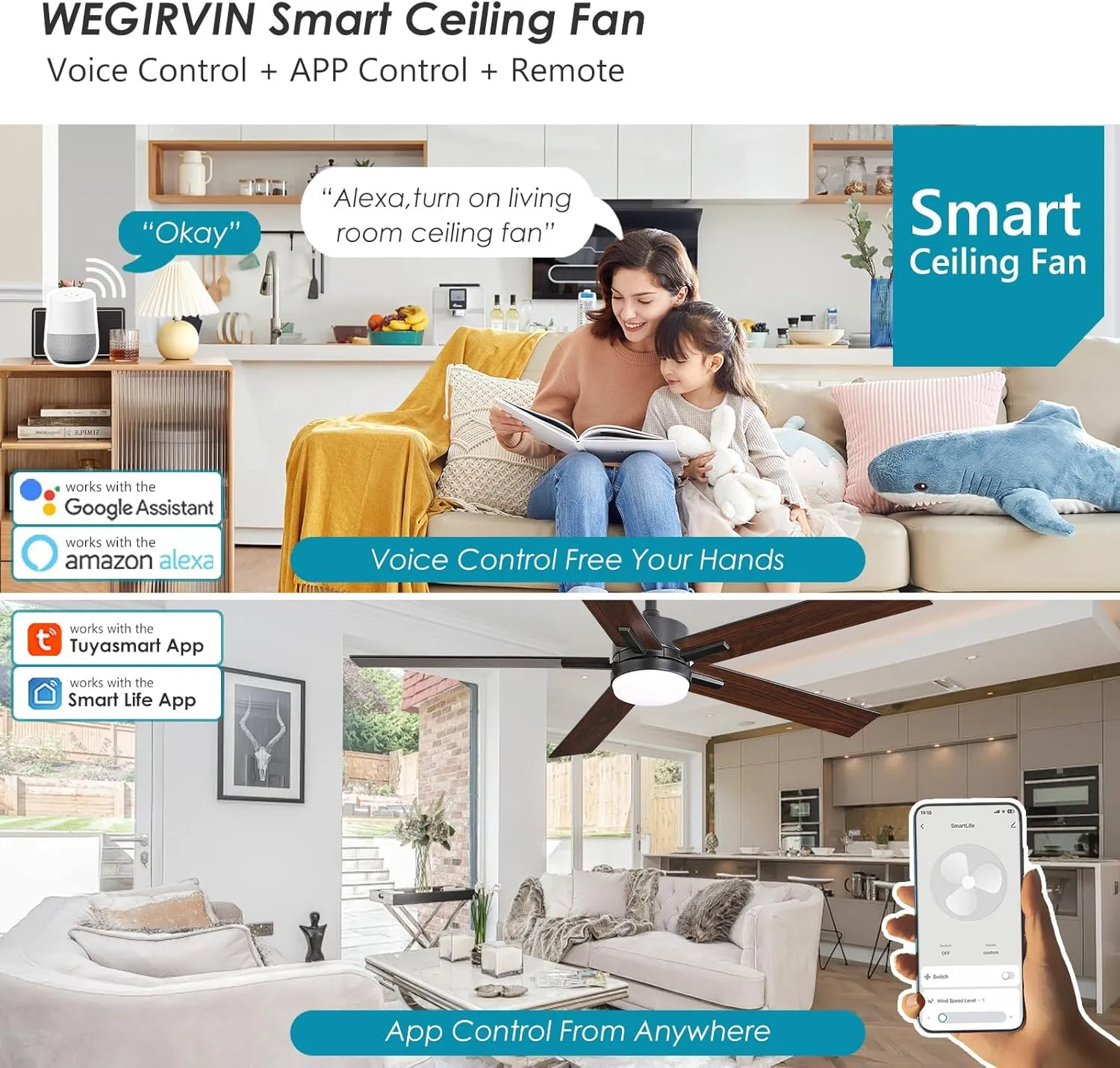 52 Inch Ceiling Fan with Lights and Remote, Smart Ceiling Fan with App Control, Voice Control, Quiet DC Motor, 3CCT Dimmable LED Light, Reversible Blades, Black Low Profile Fan for Bedroom Living Room