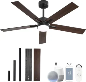 52 Inch Ceiling Fan with Lights and Remote, Smart Ceiling Fan with App Control, Voice Control, Quiet DC Motor, 3CCT Dimmable LED Light, Reversible Blades, Black Low Profile Fan for Bedroom Living Room App-controlled remote fan for convenience