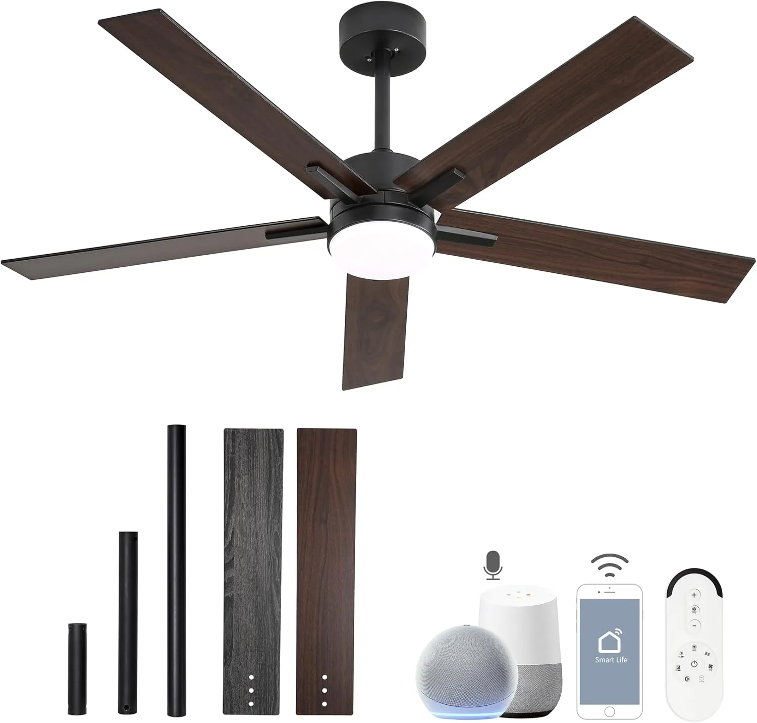 52 Inch Ceiling Fan with Lights and Remote, Smart Ceiling Fan with App Control, Voice Control, Quiet DC Motor, 3CCT Dimmable LED Light, Reversible Blades, Black Low Profile Fan for Bedroom Living Room App-controlled remote fan for convenience