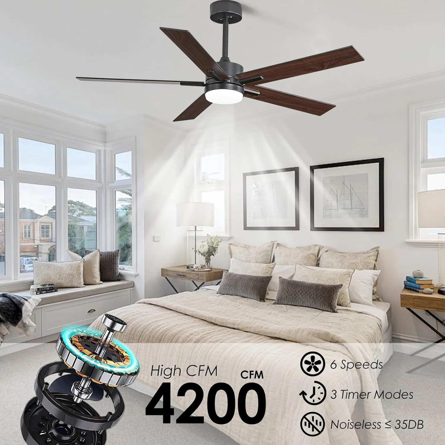 52 Inch Ceiling Fan with Lights and Remote, Smart Ceiling Fan with App Control, Voice Control, Quiet DC Motor, 3CCT Dimmable LED Light, Reversible Blades, Black Low Profile Fan for Bedroom Living Room