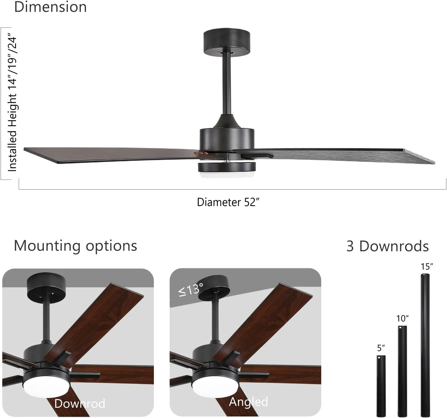 52 Inch Ceiling Fan with Lights and Remote, Smart Ceiling Fan with App Control, Voice Control, Quiet DC Motor, 3CCT Dimmable LED Light, Reversible Blades, Black Low Profile Fan for Bedroom Living Room