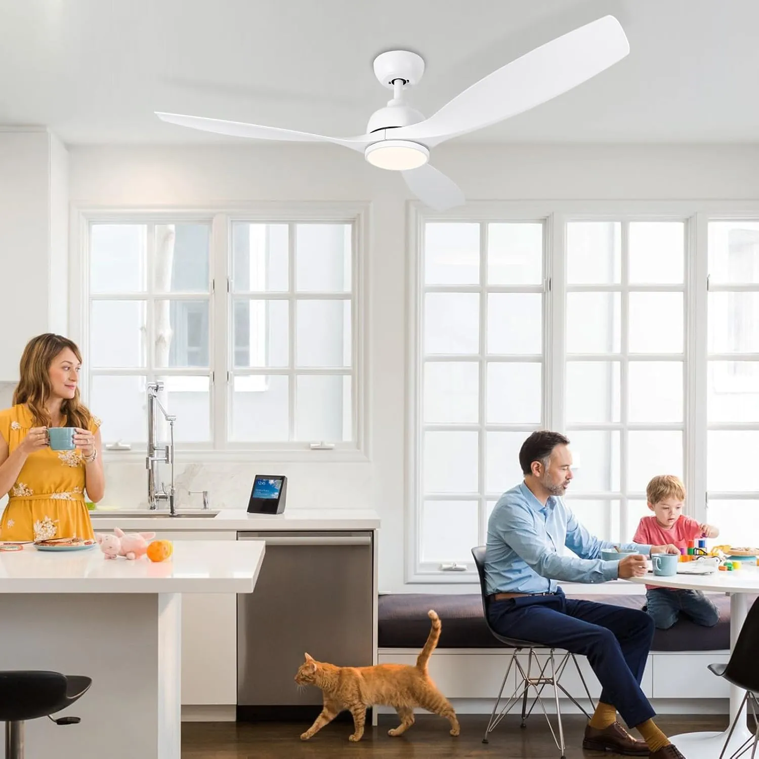 52 Inch Ceiling Fan with Lights, white Modern Ceiling Fan with Remote/APP Control Dimmable 3-Color Temperature,2 Rods, ceiling fan with lights remote control.for Indoor/Outdoor