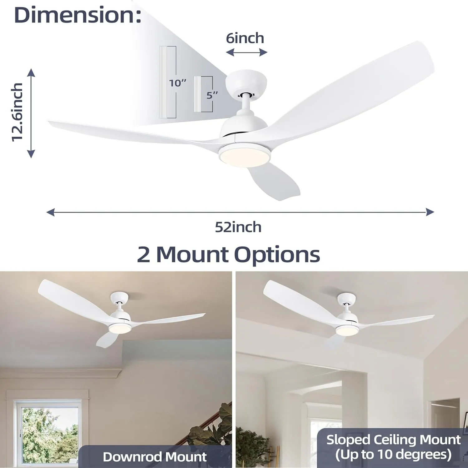 52 Inch Ceiling Fan with Lights, white Modern Ceiling Fan with Remote/APP Control Dimmable 3-Color Temperature,2 Rods, ceiling fan with lights remote control.for Indoor/Outdoor