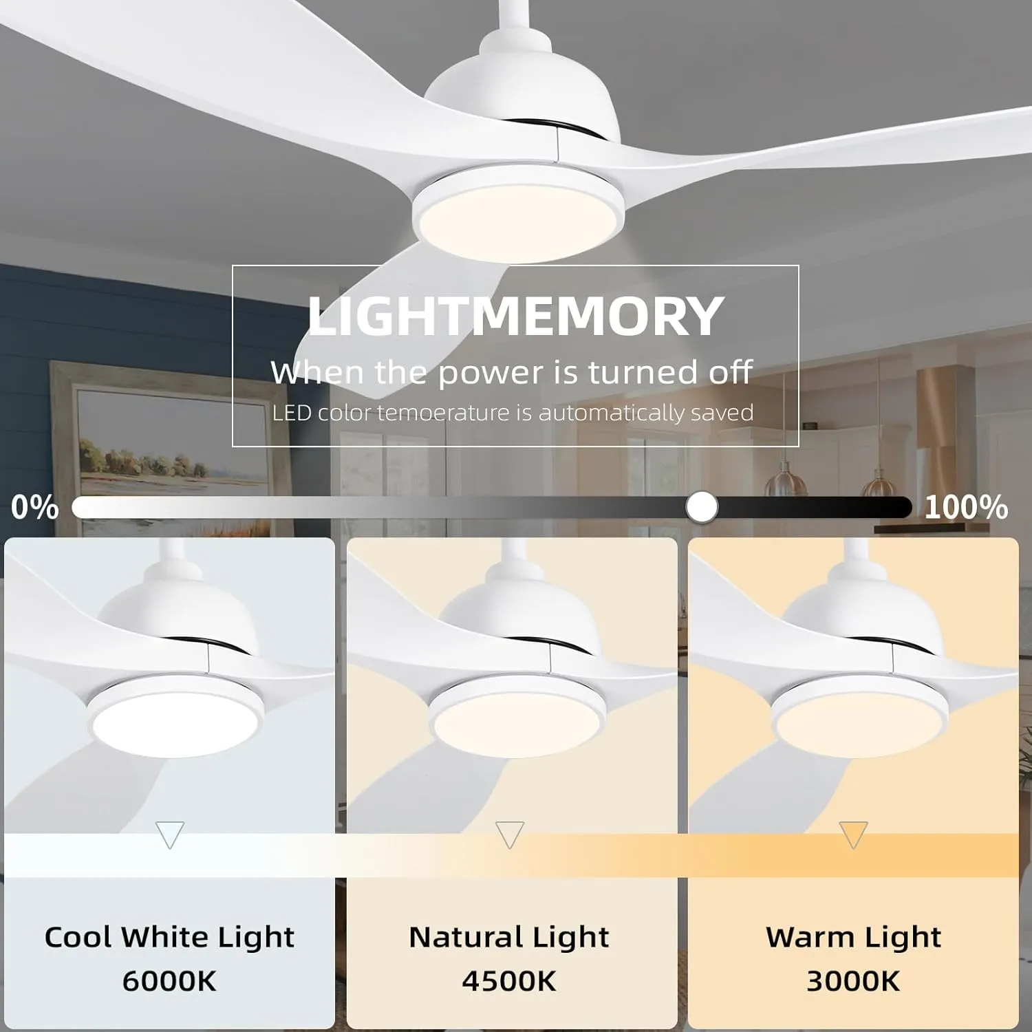 52 Inch Ceiling Fan with Lights, white Modern Ceiling Fan with Remote/APP Control Dimmable 3-Color Temperature,2 Rods, ceiling fan with lights remote control.for Indoor/Outdoor