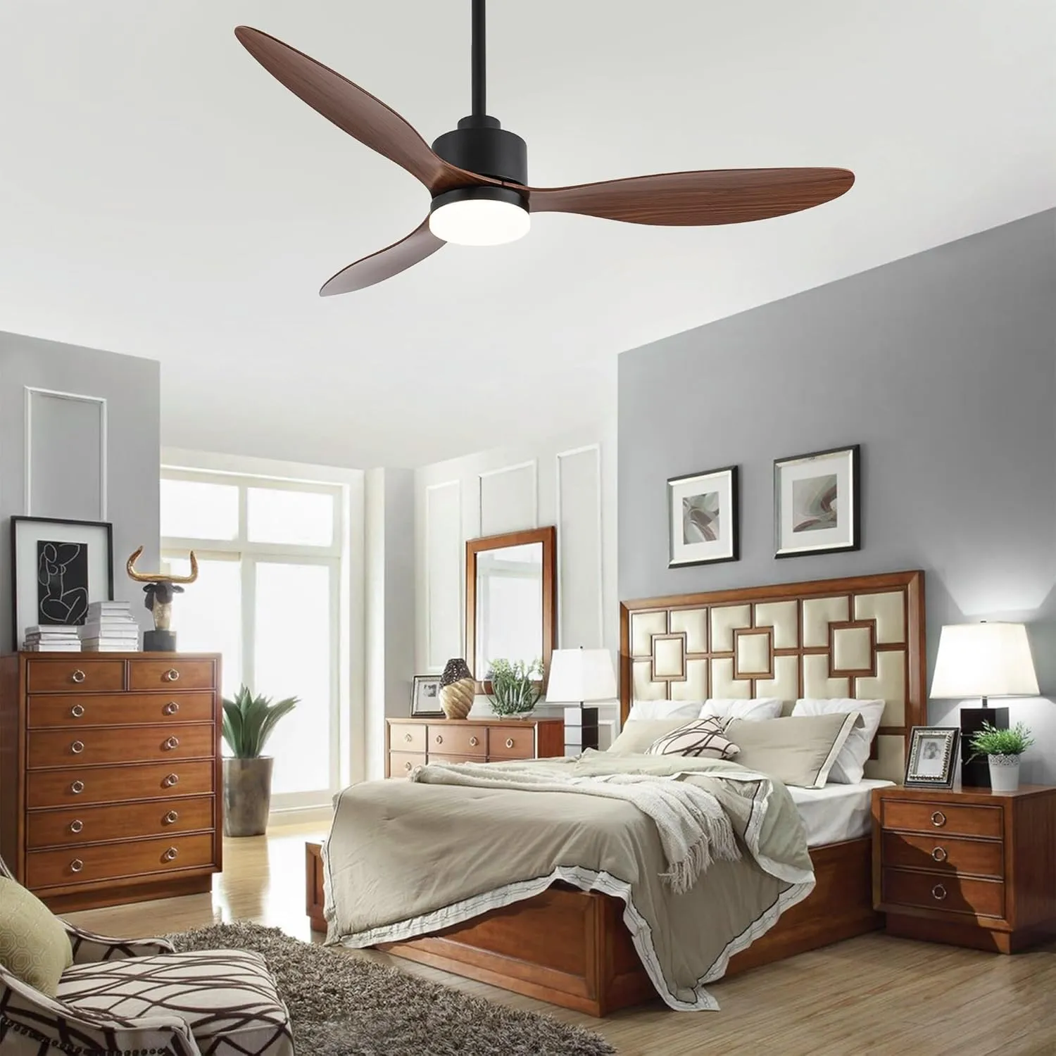 52 Inch Ceiling Fans with LED Light Remote Control, Modern Ceiling Fan with Reversible DC Motor, 3 Blades and 3 Color Temperature, LED Light Chandelier for Bedroom (Black & Brown)