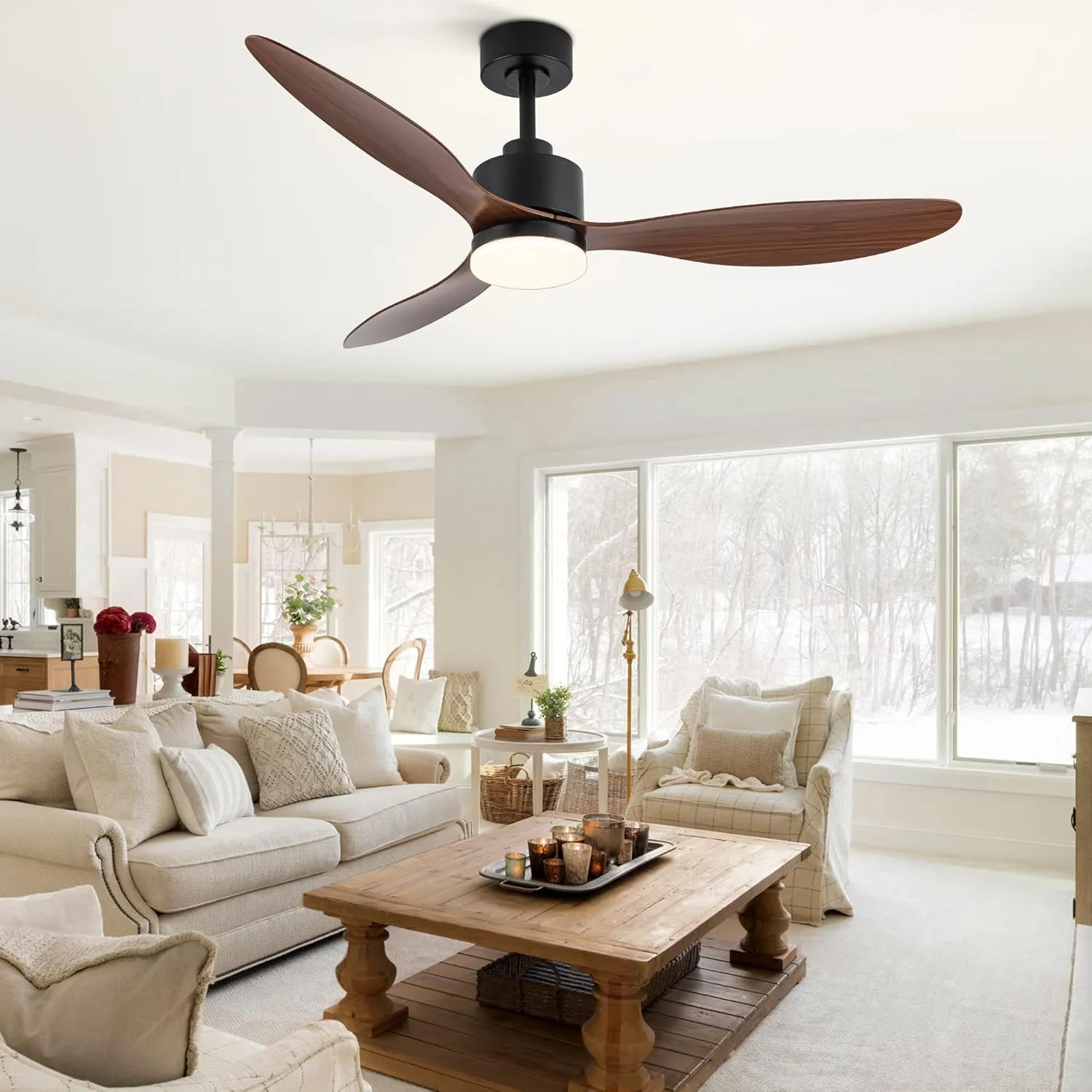 52 Inch Ceiling Fans with LED Light Remote Control, Modern Ceiling Fan with Reversible DC Motor, 3 Blades and 3 Color Temperature, LED Light Chandelier for Bedroom (Black & Brown)