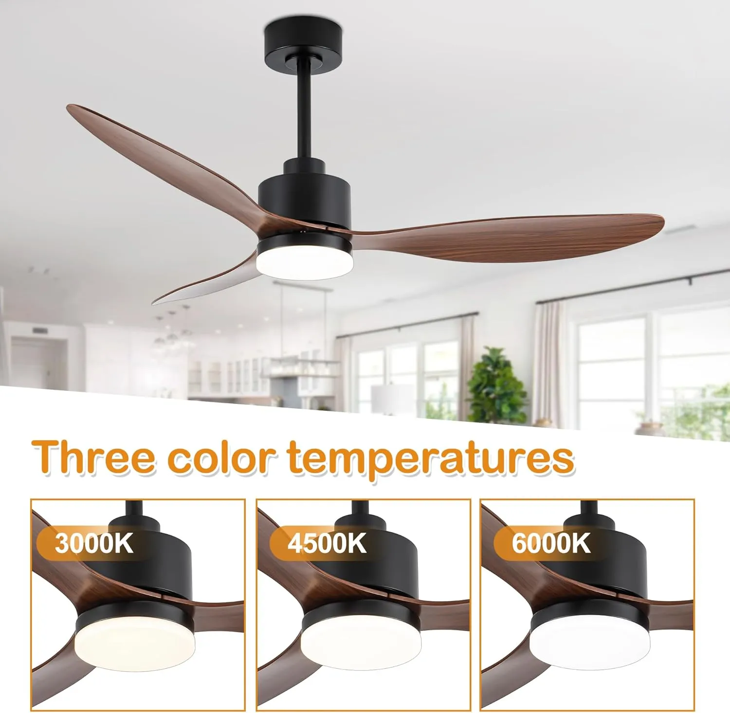 52 Inch Ceiling Fans with LED Light Remote Control, Modern Ceiling Fan with Reversible DC Motor, 3 Blades and 3 Color Temperature, LED Light Chandelier for Bedroom (Black & Brown)