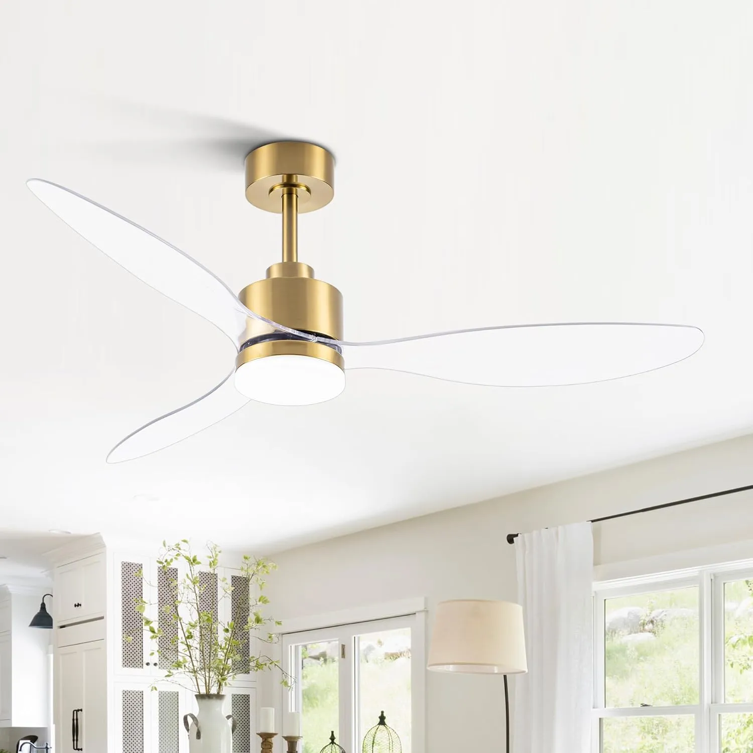 52 Inch Ceiling Fans with LED Light Remote Control, Modern Ceiling Fan with Reversible DC Motor, 3 Blades and 3 Color Temperature, LED Light Chandelier for Bedroom (Gold & 3 Transparent Blades) Fan with safety blade design