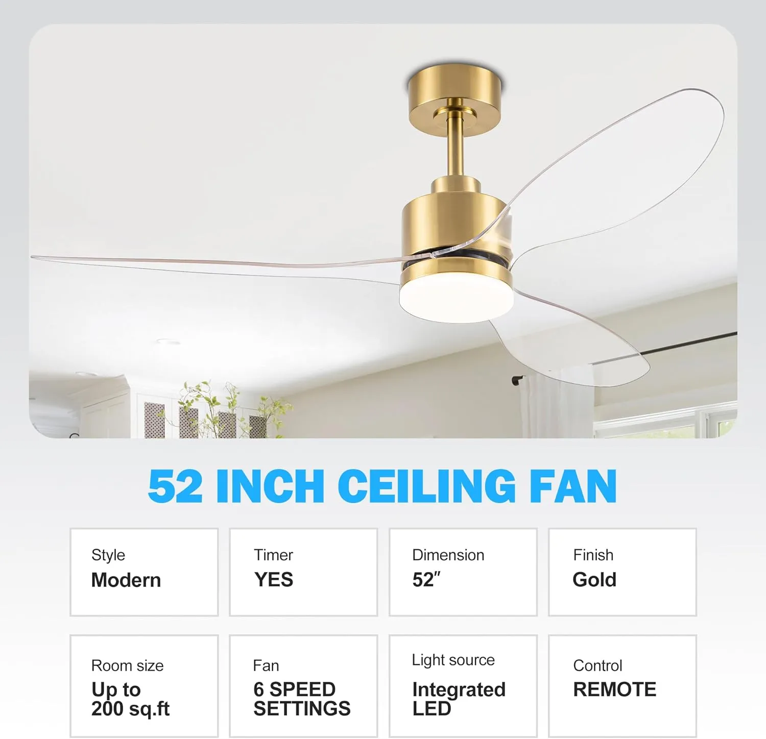 52 Inch Ceiling Fans with LED Light Remote Control, Modern Ceiling Fan with Reversible DC Motor, 3 Blades and 3 Color Temperature, LED Light Chandelier for Bedroom (Gold & 3 Transparent Blades)