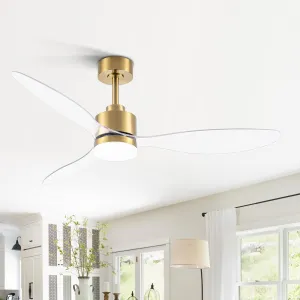 52 Inch Ceiling Fans with LED Light Remote Control, Modern Ceiling Fan with Reversible DC Motor, 3 Blades and 3 Color Temperature, LED Light Chandelier for Bedroom (Gold & 3 Transparent Blades) Fan with safety blade design