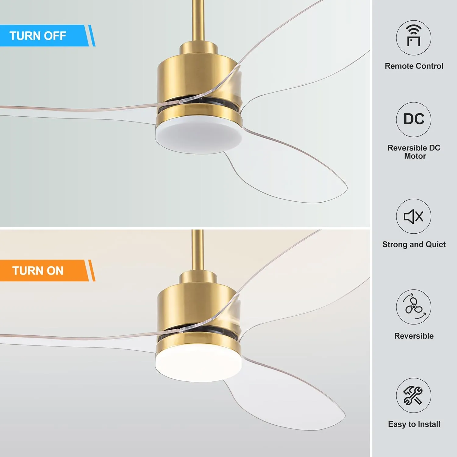 52 Inch Ceiling Fans with LED Light Remote Control, Modern Ceiling Fan with Reversible DC Motor, 3 Blades and 3 Color Temperature, LED Light Chandelier for Bedroom (Gold & 3 Transparent Blades)