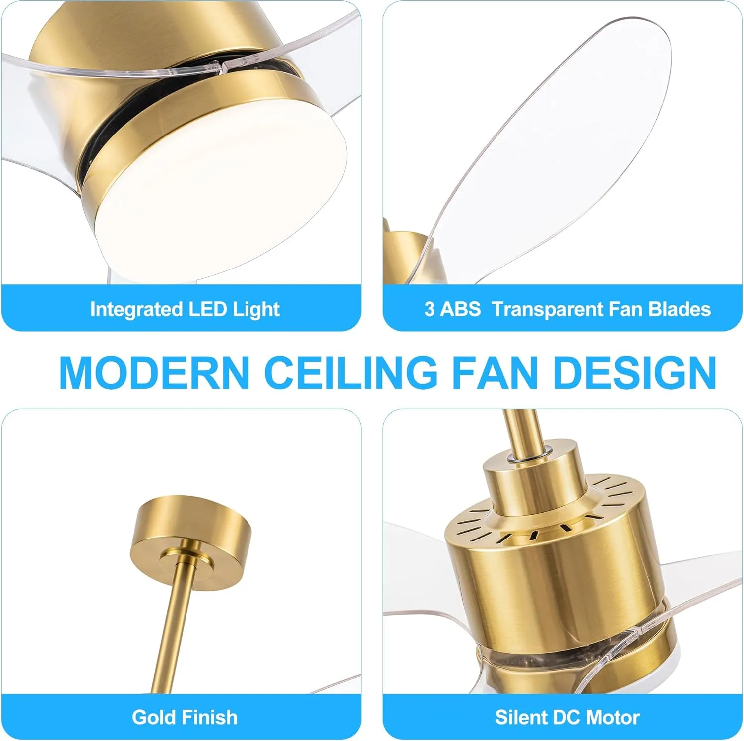 52 Inch Ceiling Fans with LED Light Remote Control, Modern Ceiling Fan with Reversible DC Motor, 3 Blades and 3 Color Temperature, LED Light Chandelier for Bedroom (Gold & 3 Transparent Blades)