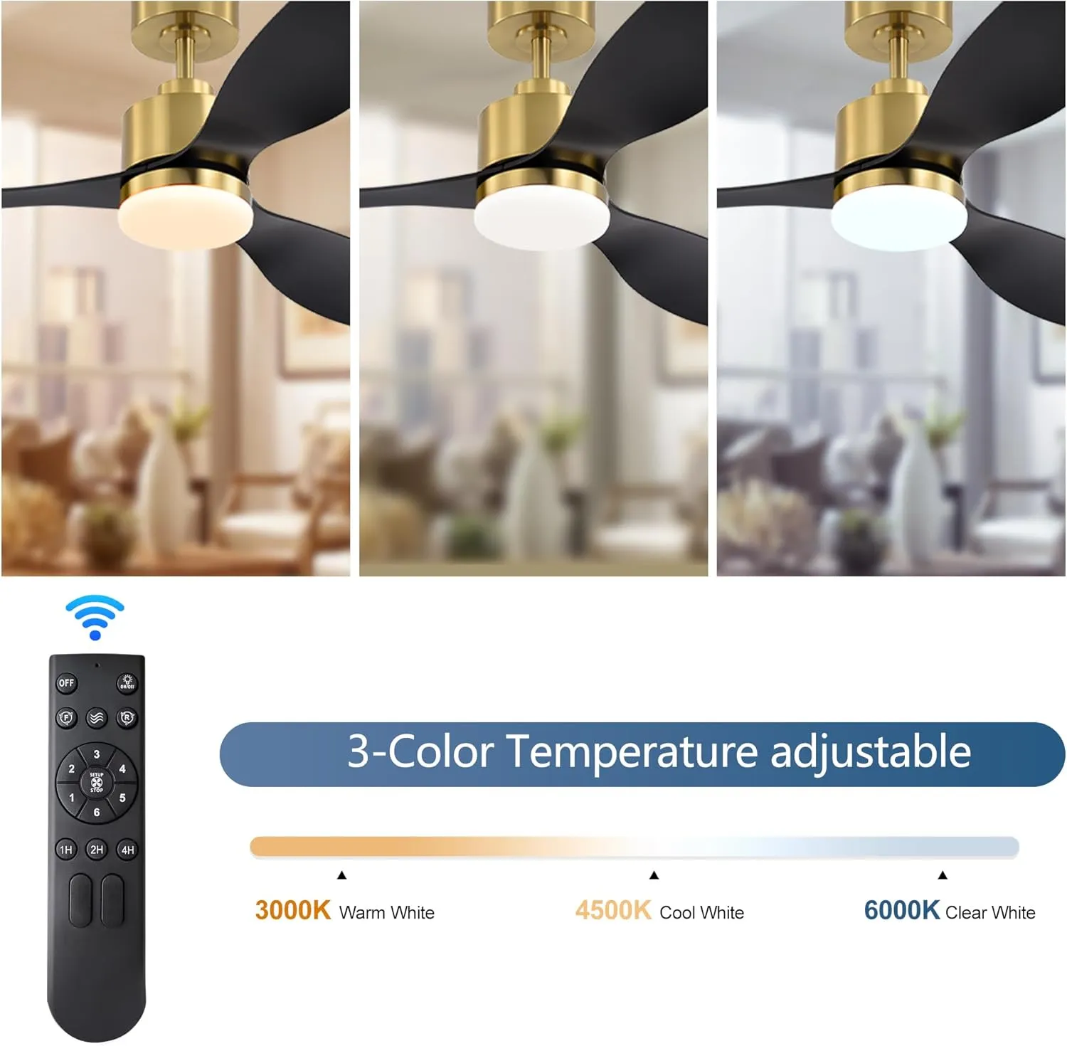 52 Inch Ceiling Fans with LED Light Remote Control, Modern Ceiling Fan with Reversible DC Motor, 3 Blades and 3 Color Temperature, LED Light Chandelier for Bedroom(Gold & Black)