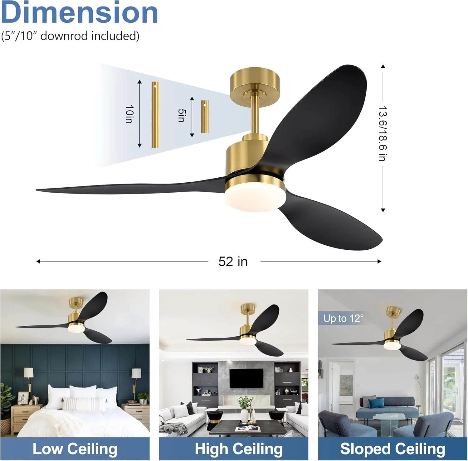 52 Inch Ceiling Fans with LED Light Remote Control, Modern Ceiling Fan with Reversible DC Motor, 3 Blades and 3 Color Temperature, LED Light Chandelier for Bedroom(Gold & Black)