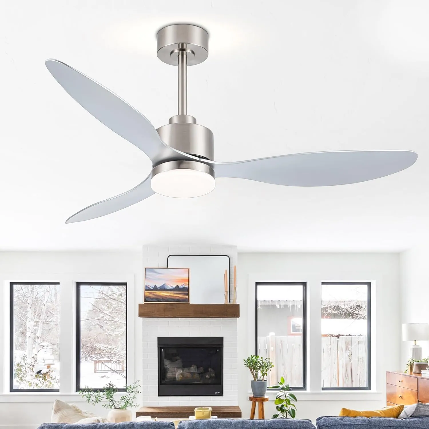 52 Inch Ceiling Fans with LED Lights Remote Control, Modern Ceiling Fan with Reversible DC Motor, 3 Blades and 3 Color Temperature, LED Light Chandelier for Bedroom (Brushed Nickel)