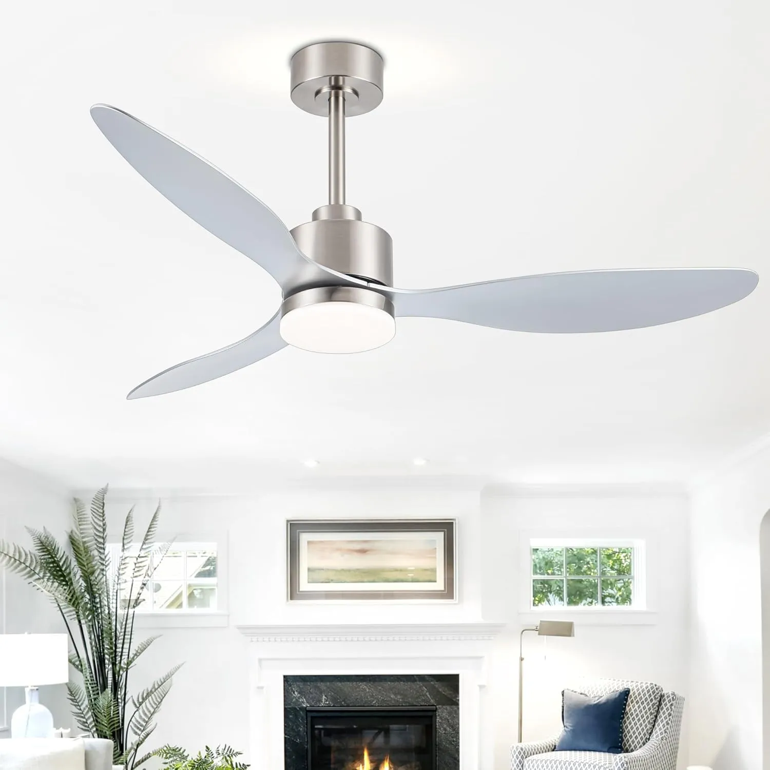 52 Inch Ceiling Fans with LED Lights Remote Control, Modern Ceiling Fan with Reversible DC Motor, 3 Blades and 3 Color Temperature, LED Light Chandelier for Bedroom (Brushed Nickel) Fan with safety blade design