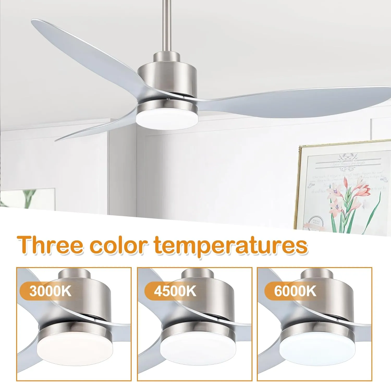 52 Inch Ceiling Fans with LED Lights Remote Control, Modern Ceiling Fan with Reversible DC Motor, 3 Blades and 3 Color Temperature, LED Light Chandelier for Bedroom (Brushed Nickel)