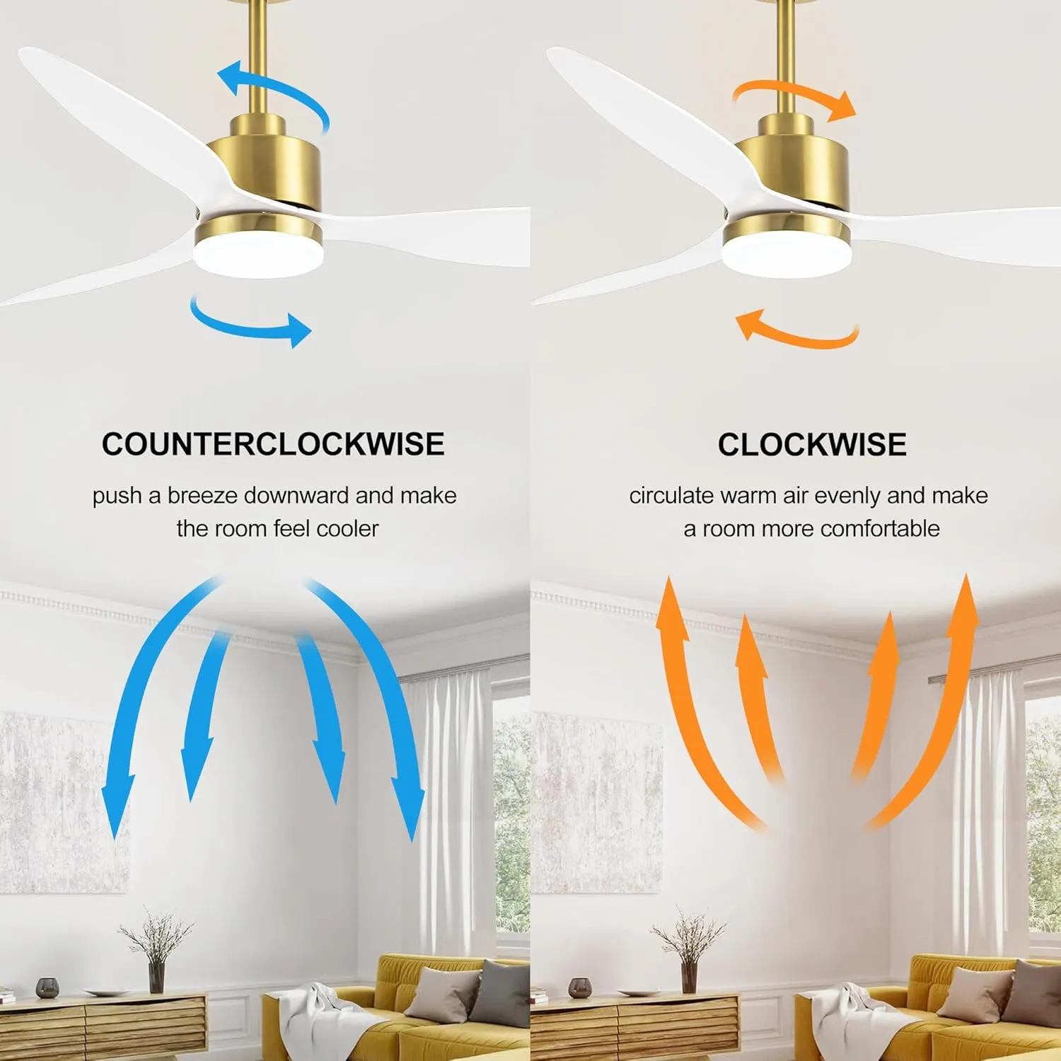 52 Inch Ceiling Fans with LED Lights Remote Control, Modern Ceiling Fan with Reversible DC Motor, 3 Blades and 3 Color Temperature, LED Light Chandelier for Bedroom (Gold & White)