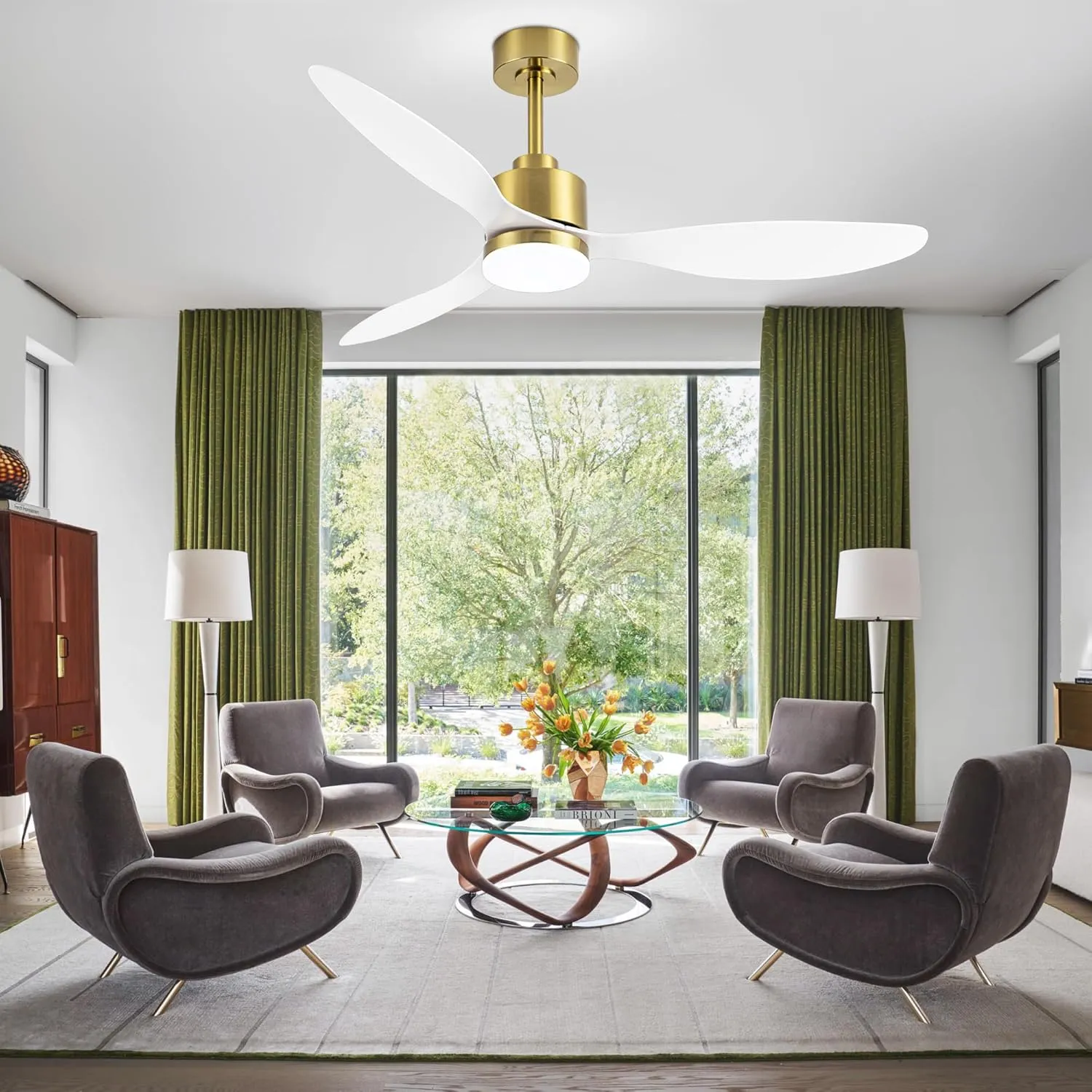 52 Inch Ceiling Fans with LED Lights Remote Control, Modern Ceiling Fan with Reversible DC Motor, 3 Blades and 3 Color Temperature, LED Light Chandelier for Bedroom (Gold & White)