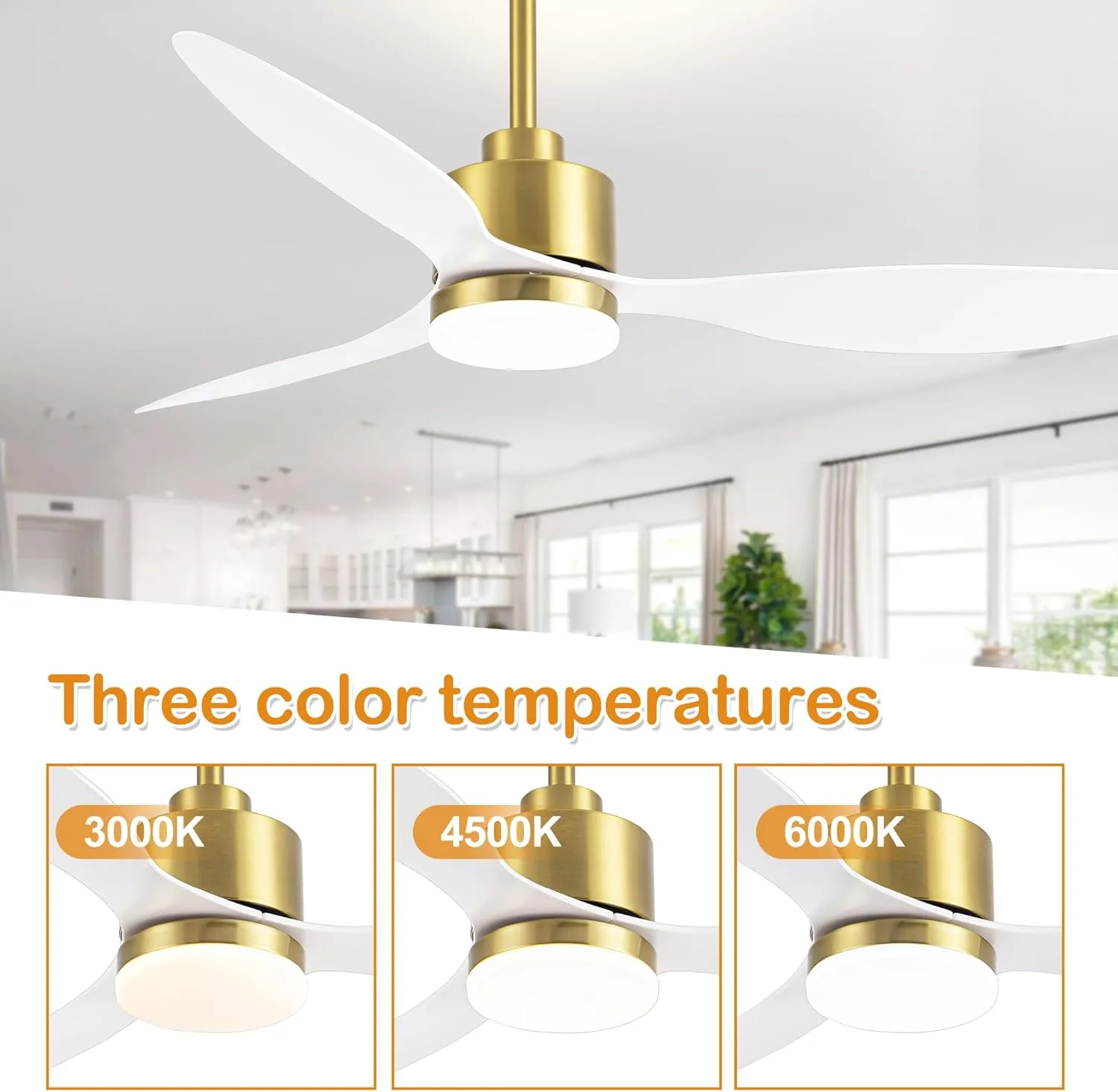 52 Inch Ceiling Fans with LED Lights Remote Control, Modern Ceiling Fan with Reversible DC Motor, 3 Blades and 3 Color Temperature, LED Light Chandelier for Bedroom (Gold & White)