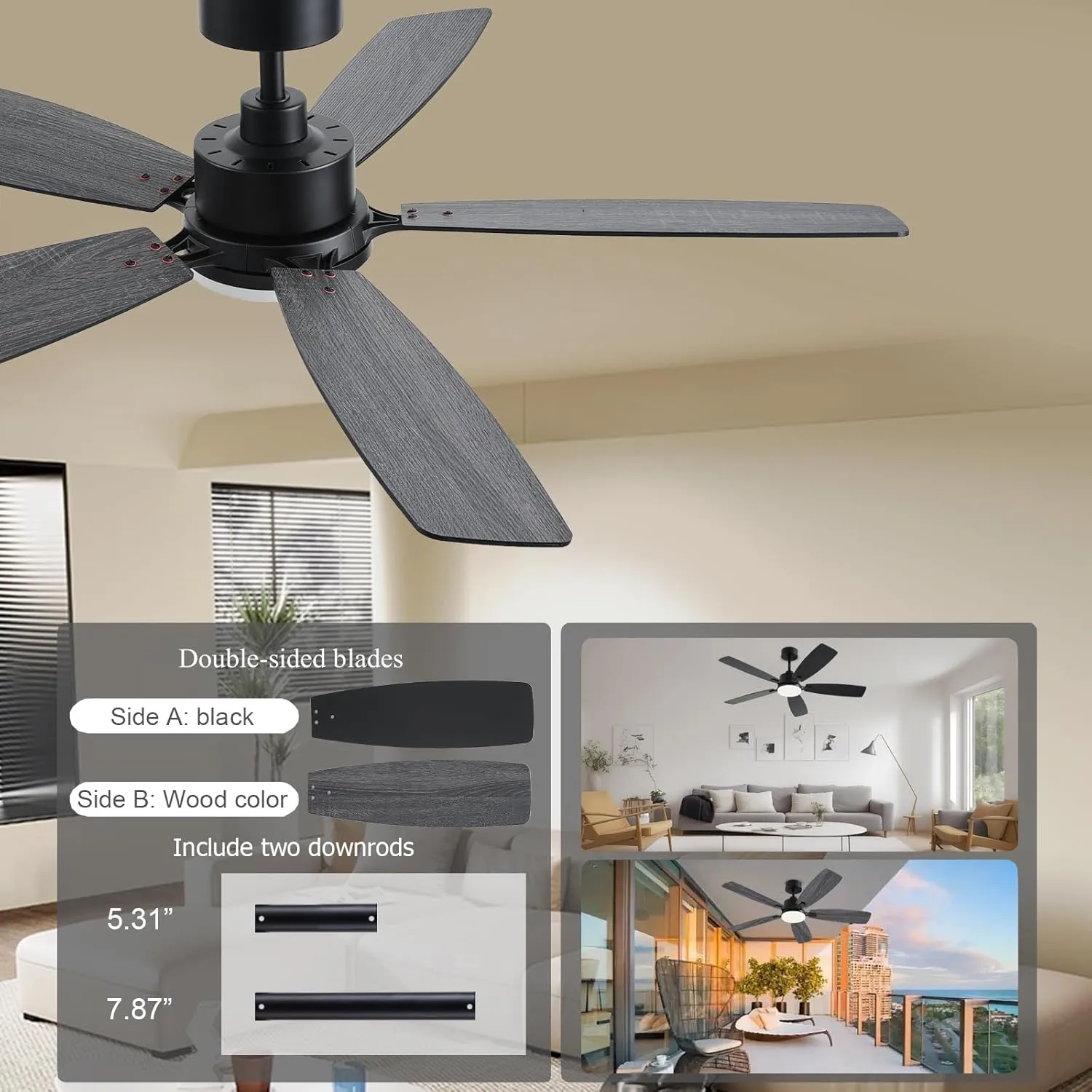 52 Inch Ceiling Fans with Lights, Black Ceiling Fan and Remote/App Control, 2 Downrods, DC Reversible, Noiseless, Dimmable, Dual-Sided Blades Modern Ceiling Fan for Indoor/Outdoor Use