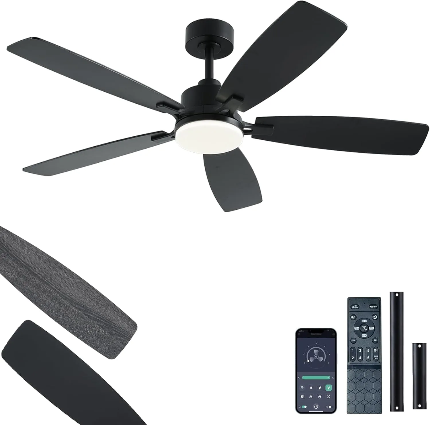 52 Inch Ceiling Fans with Lights, Black Ceiling Fan and Remote/App Control, 2 Downrods, DC Reversible, Noiseless, Dimmable, Dual-Sided Blades Modern Ceiling Fan for Indoor/Outdoor Use App-controlled remote fan for convenience