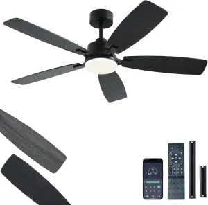 52 Inch Ceiling Fans with Lights, Black Ceiling Fan and Remote/App Control, 2 Downrods, DC Reversible, Noiseless, Dimmable, Dual-Sided Blades Modern Ceiling Fan for Indoor/Outdoor Use App-controlled remote fan for convenience