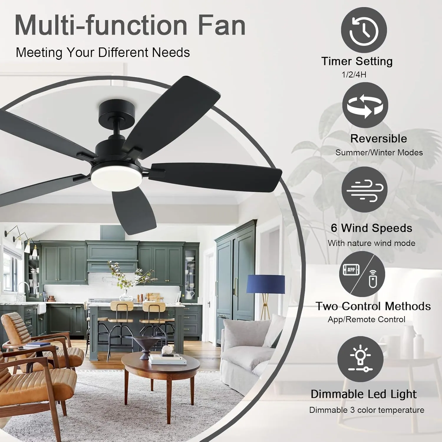 52 Inch Ceiling Fans with Lights, Black Ceiling Fan and Remote/App Control, 2 Downrods, DC Reversible, Noiseless, Dimmable, Dual-Sided Blades Modern Ceiling Fan for Indoor/Outdoor Use