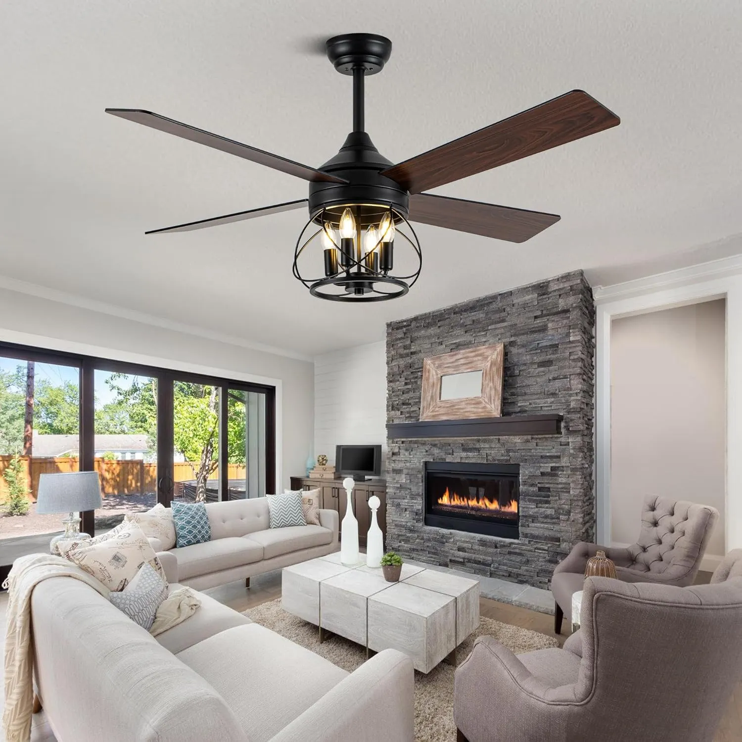 52 Inch Ceiling Fans with Lights, Modern Farmhouse Caged Ceiling Fan, Reversible Motor, 4 Double Finish Wood Blades, Rustic Ceiling Fan for Porch, Living Rooms, Bedroom