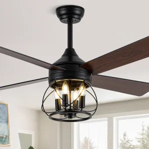 52 Inch Ceiling Fans with Lights, Modern Farmhouse Caged Ceiling Fan, Reversible Motor, 4 Double Finish Wood Blades, Rustic Ceiling Fan for Porch, Living Rooms, Bedroom Fan with safety blade design