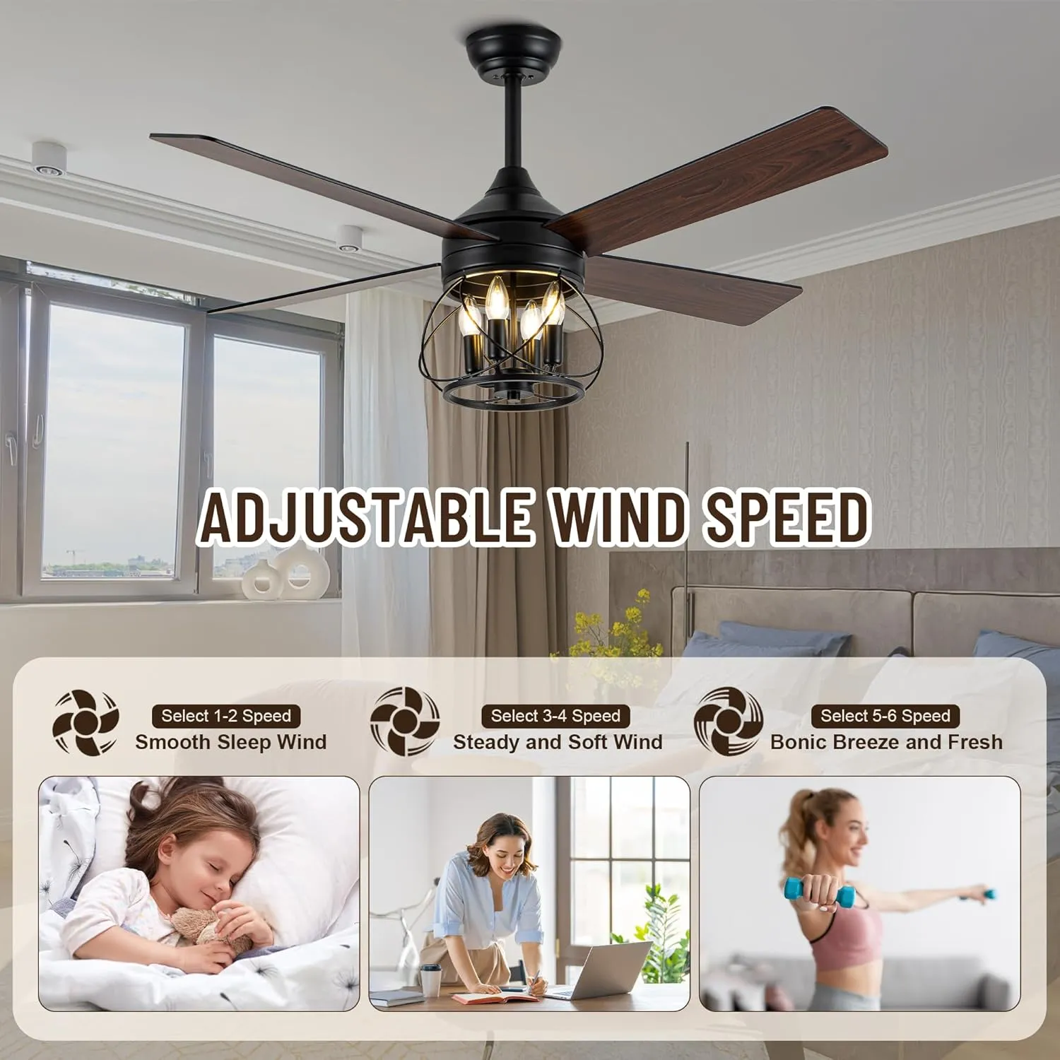 52 Inch Ceiling Fans with Lights, Modern Farmhouse Caged Ceiling Fan, Reversible Motor, 4 Double Finish Wood Blades, Rustic Ceiling Fan for Porch, Living Rooms, Bedroom