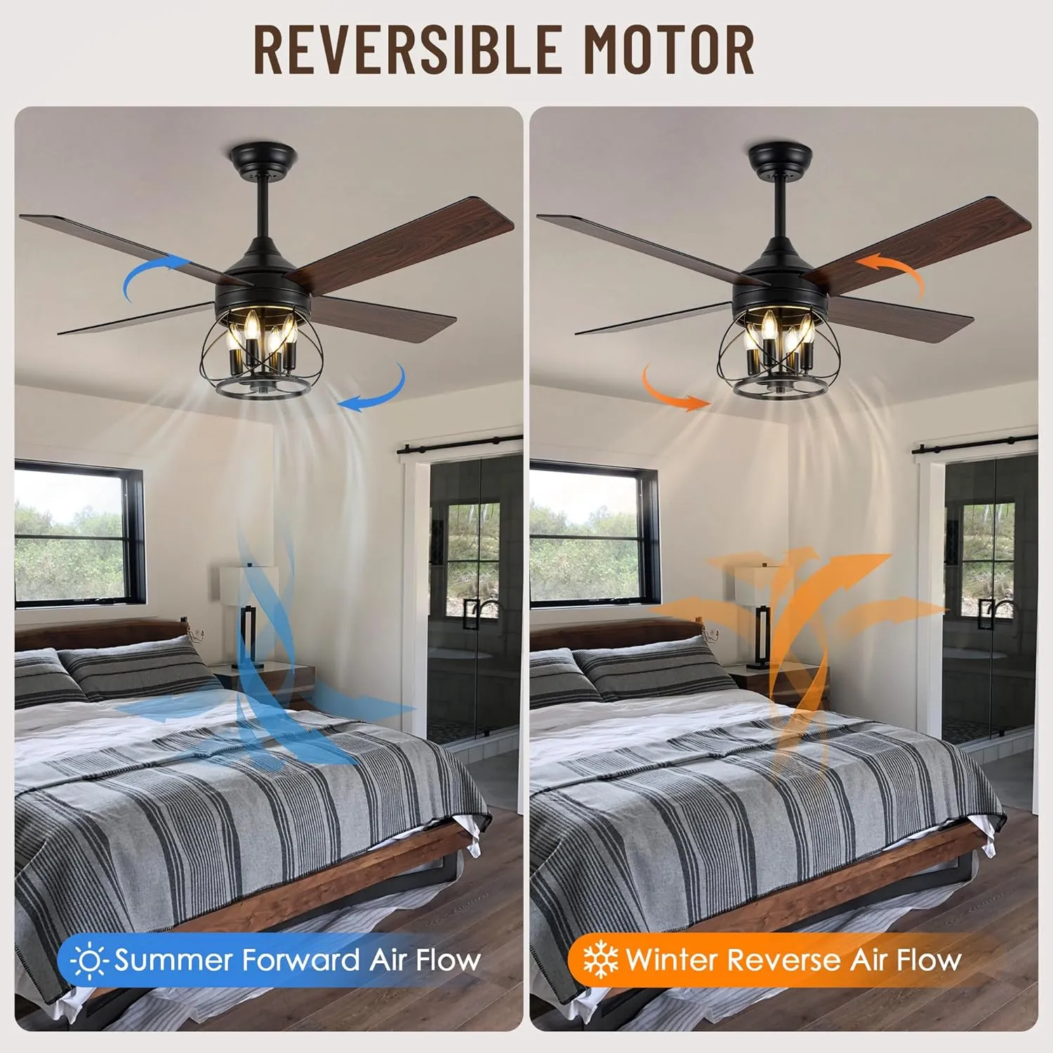 52 Inch Ceiling Fans with Lights, Modern Farmhouse Caged Ceiling Fan, Reversible Motor, 4 Double Finish Wood Blades, Rustic Ceiling Fan for Porch, Living Rooms, Bedroom