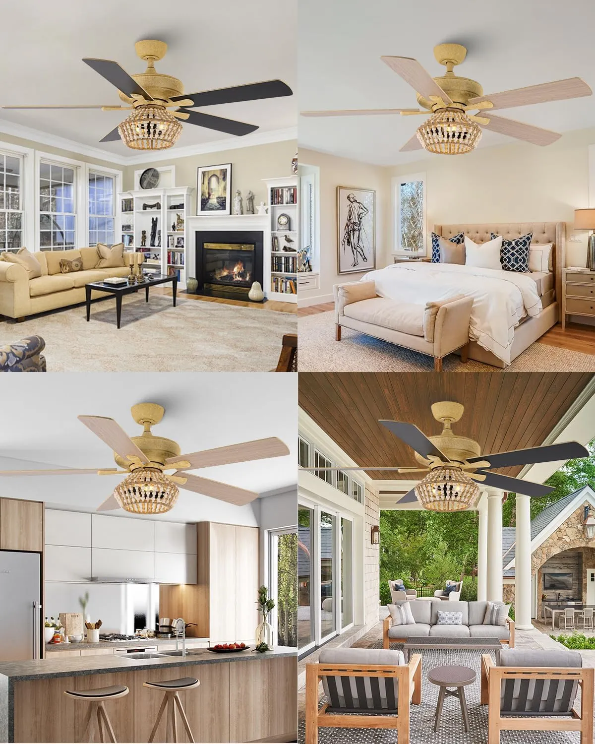 52 Inch Farmhouse Ceiling Fan with Light, Caged Wood Beaded Ceiling Fans with Lights and Remote for Indoor & Outdoor, Dual-Sided Blades Caged Black Ceiling Fan for Bedroom Living Room and Patio