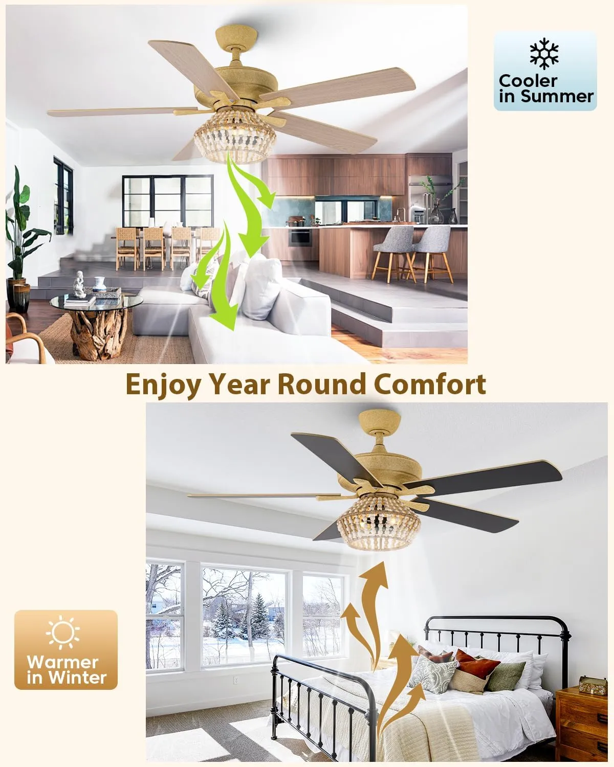 52 Inch Farmhouse Ceiling Fan with Light, Caged Wood Beaded Ceiling Fans with Lights and Remote for Indoor & Outdoor, Dual-Sided Blades Caged Black Ceiling Fan for Bedroom Living Room and Patio