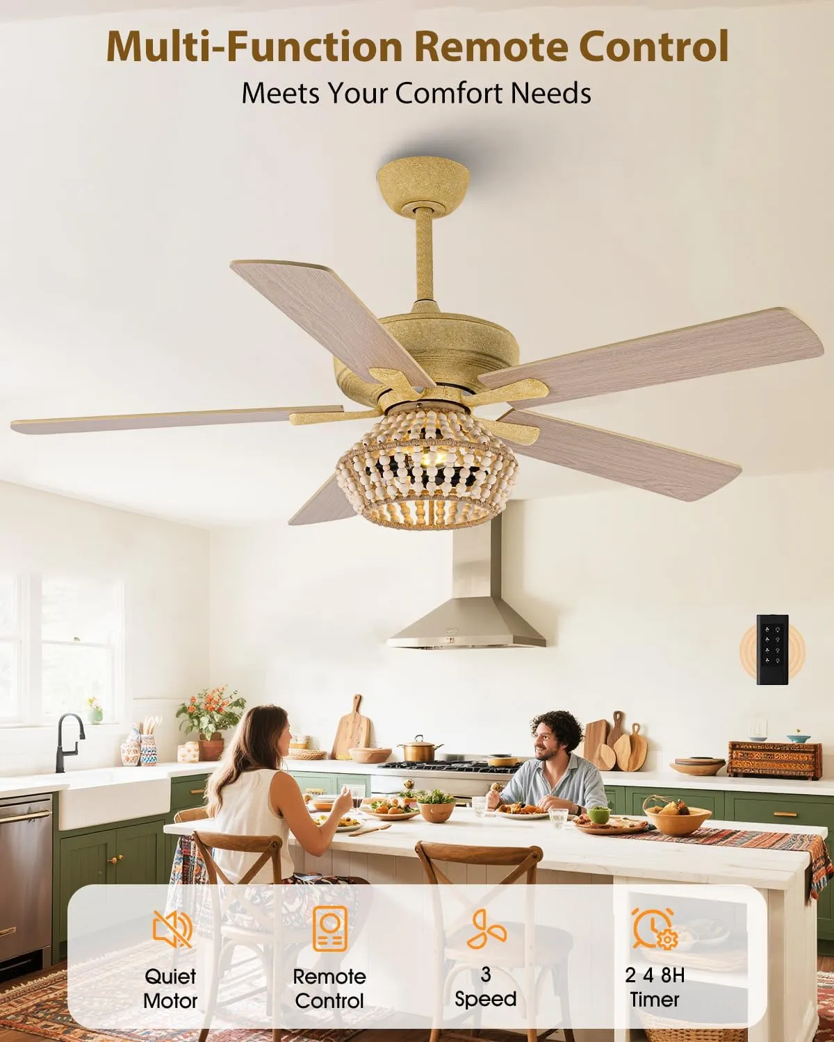 52 Inch Farmhouse Ceiling Fan with Light, Caged Wood Beaded Ceiling Fans with Lights and Remote for Indoor & Outdoor, Dual-Sided Blades Caged Black Ceiling Fan for Bedroom Living Room and Patio