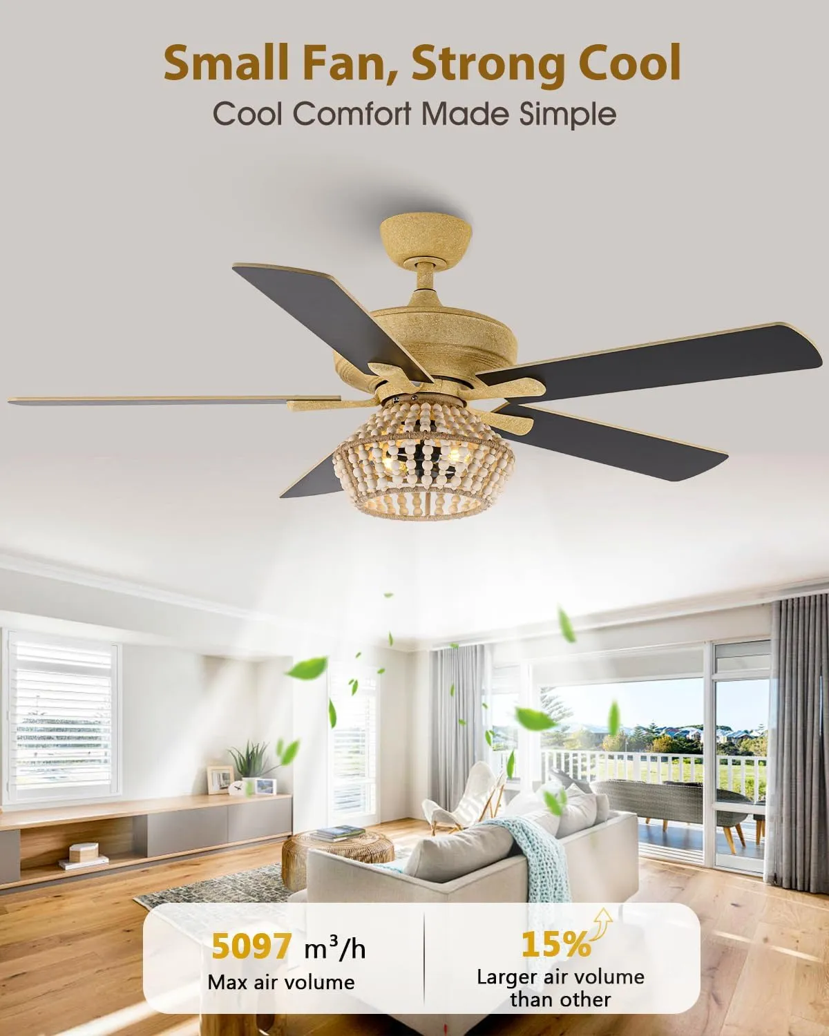 52 Inch Farmhouse Ceiling Fan with Light, Caged Wood Beaded Ceiling Fans with Lights and Remote for Indoor & Outdoor, Dual-Sided Blades Caged Black Ceiling Fan for Bedroom Living Room and Patio