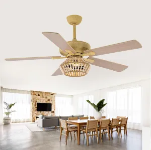 52 Inch Farmhouse Ceiling Fan with Light, Caged Wood Beaded Ceiling Fans with Lights and Remote for Indoor & Outdoor, Dual-Sided Blades Caged Black Ceiling Fan for Bedroom Living Room and Patio Fan with safety blade design
