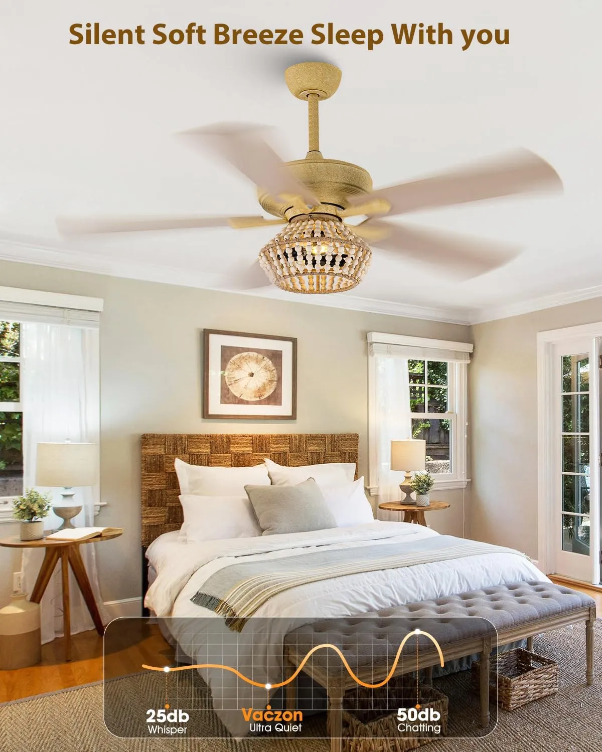 52 Inch Farmhouse Ceiling Fan with Light, Caged Wood Beaded Ceiling Fans with Lights and Remote for Indoor & Outdoor, Dual-Sided Blades Caged Black Ceiling Fan for Bedroom Living Room and Patio