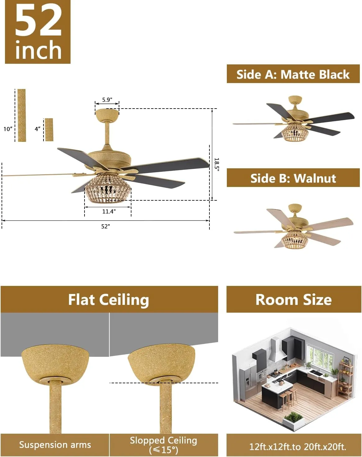 52 Inch Farmhouse Ceiling Fan with Light, Caged Wood Beaded Ceiling Fans with Lights and Remote for Indoor & Outdoor, Dual-Sided Blades Caged Black Ceiling Fan for Bedroom Living Room and Patio
